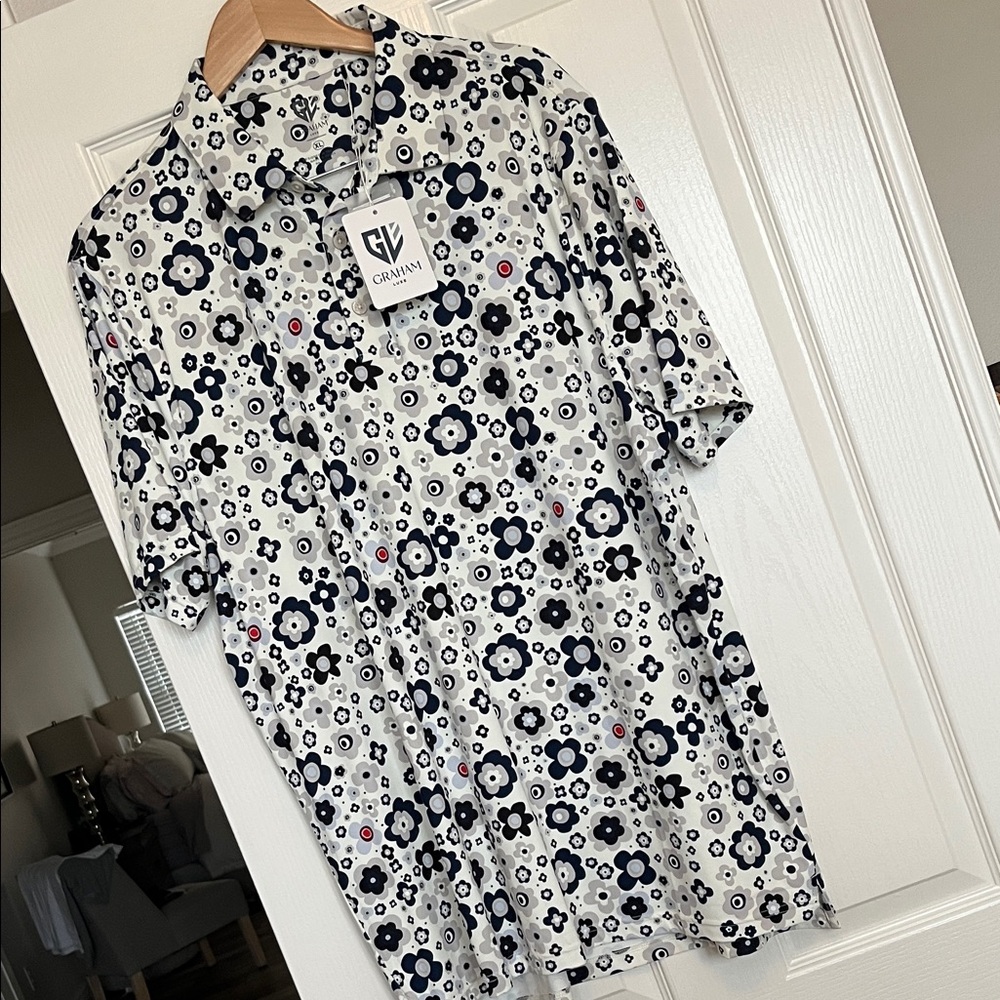 Graham Golf Shirt Men's Floral Shirt - Navy Blue Black and White